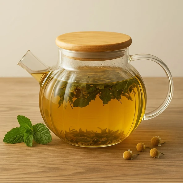Dekorasyaa Isıya Dayanıklı Süzgeçli Cam Bambu Demlik 1000ml ürün görseli 1