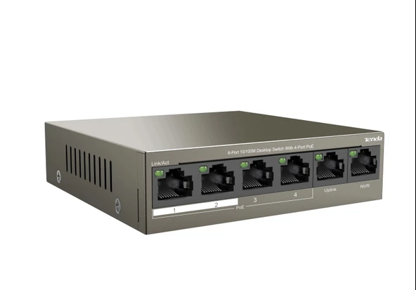 Tenda TEF1106P 6 Port 4 Port Poe+ 10/100 + 2 Port Uplink Çelik Kasa Rack Mount Switch ürün görseli 1