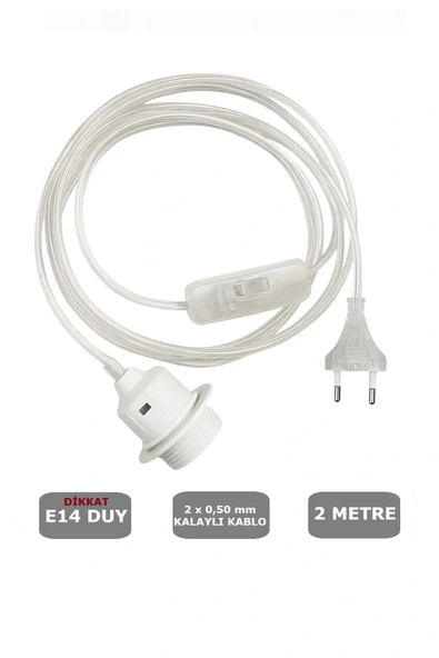 Şeffaf Kablolu E14 Beyaz Duylu, 2 Metre Arapuarlı (Aç Kapat Anahtar) (2X0,50) 65W ürün görseli 1