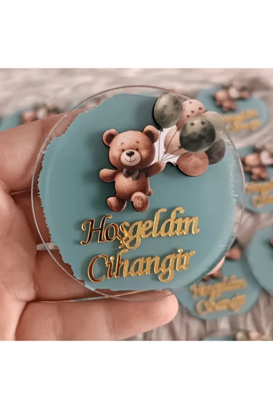Doğrukan Hediyelik Yeşil balonlu ayıcık figürlü pleksi yenidoğan doğum günü magnet hediyelik (10 adet) ürün görseli 1