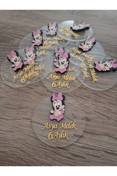 Doğrukan Hediyelik Oturan Minnie mouse figürlü şeffaf pleksi yenidoğan doğum günü magnet hediyelik (10 adet) ürün görseli 1