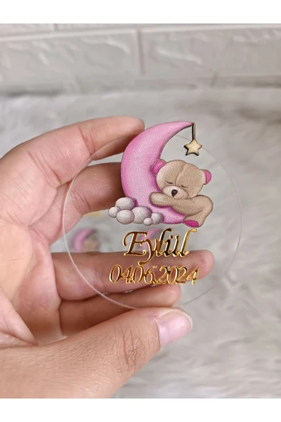 Doğrukan Hediyelik Pembe Ayda Ayıcıklı Pleksi Magnet Yenidoğan Doğum Günü Mevlüt Hediyelik (10 adet) ürün görseli 1