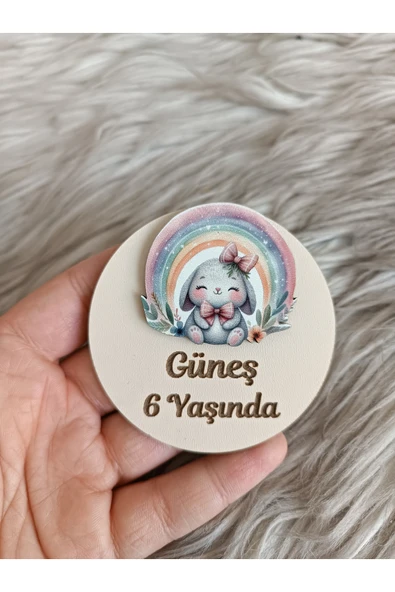 Doğrukan Hediyelik Gökkuşaklı tavşan figürlü ahşap yenidoğan doğum günü magnet hediyelik (10 adet) ürün görseli 1