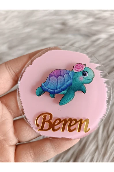 Doğrukan Hediyelik Çiçekli su kaplumbağası pleksi yenidoğan doğum günü magnet hediyelik (10 adet) ürün görseli 1