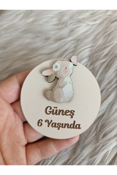 Doğrukan Hediyelik Burnunda kelebekli tavşanlı ahşap yenidoğan doğum günü magnet hediyelik (10 adet) ürün görseli 1