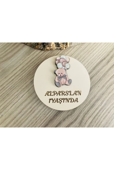Doğrukan Hediyelik Kahverengi balonlu ayıcıklı ahşap taban figürlü yenidoğan doğum günü hediyelik magnet(10 adet) ürün görseli 1