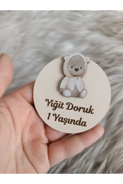 Doğrukan Hediyelik Krem kapşonlu ayıcık ahşap yenidoğan doğum günü magnet hediyelik (10 adet) ürün görseli 1
