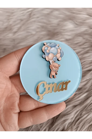 Doğrukan Hediyelik Mavi balon tutan ayıcık pleksi yenidoğan doğum günü magnet hediyelik (10 adet) ürün görseli 1