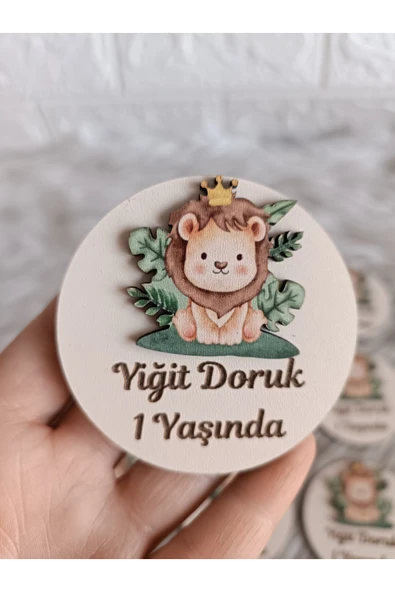 Doğrukan Hediyelik 15 adet ahşap tabanlı aslan figürlü yenidoğan doğum günü magnet hediyelik ürün görseli 1