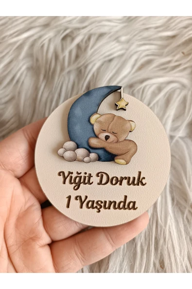Doğrukan Hediyelik Lacivert ayda ayıcık figürlü ahşap yenidoğan doğum günü magnet hediyelik (10 adet) ürün görseli 1