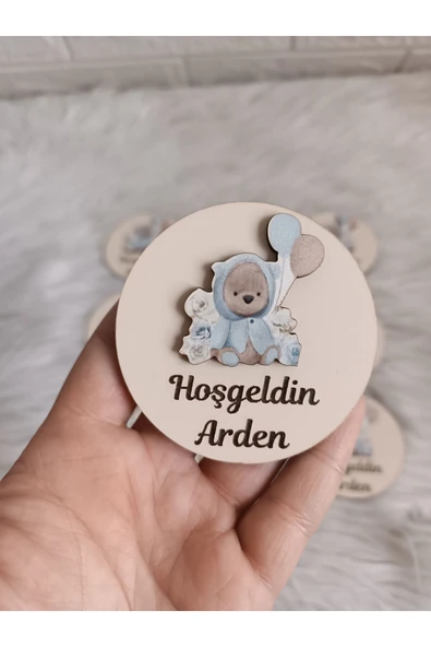 Doğrukan Hediyelik Mavi çiçekli balonlu ayıcık figürlü ahşap yenidoğan doğum günü mevlüt hediyelik (10 adet) ürün görseli 1