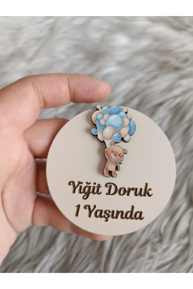 Doğrukan Hediyelik Mavi balon tutan ayıcık ahşap yenidoğan doğum günü magnet hediyelik (10 adet) ürün görseli 1
