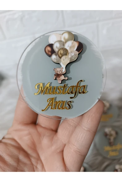 Doğrukan Hediyelik Kahverengi balonlu ayıcık figürlü pleksi yenidoğan doğum günü magnet hediyelik(10 adet) ürün görseli 1