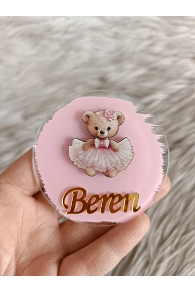 Doğrukan Hediyelik Pembe elbiseli ayıcık figürlü pleksi yenidoğan doğum günü magnet hediyelik (10 adet) ürün görseli 1