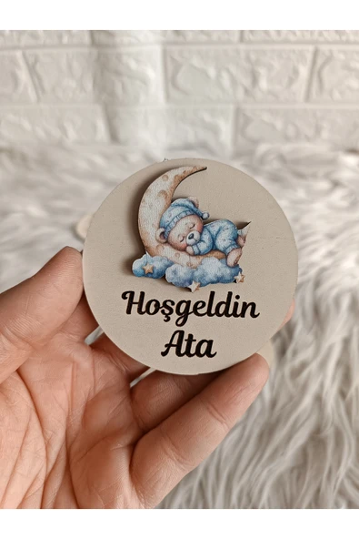 Doğrukan Hediyelik 10 adet ayda uyuyan pijamalı ayıcık figürlü ahşap taban magnet yenidoğan doğum günü mevlüt hediyelik ürün görseli 1