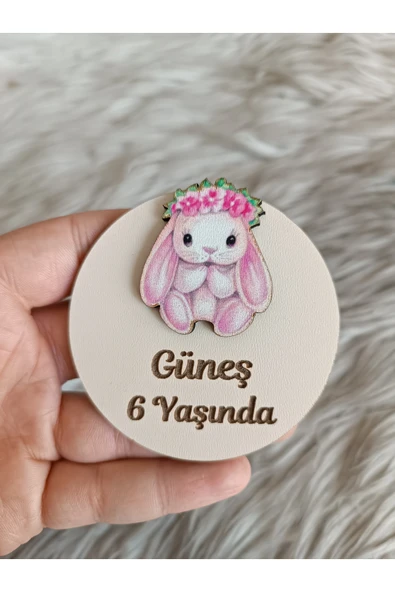 Doğrukan Hediyelik Kafası çiçekli tavşan figürlü ahşap yenidoğan doğum günü magnet hediyelik (10 adet) ürün görseli 1