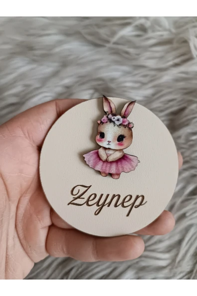 Doğrukan Hediyelik Pembe etekli tavşan yenidoğan doğum günü ahşap taban hediyelik magnet(10 adet) ürün görseli 1