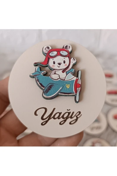Doğrukan Hediyelik Unisex Uçakta Ayıcık Ahşap Figürlü Yenidoğan Doğum Günü Magnet Hediyelik(10 adet) ürün görseli 1