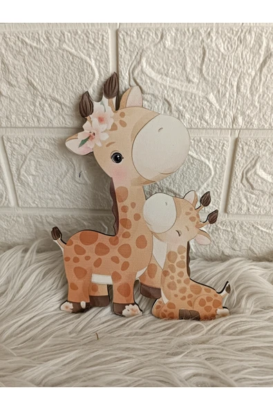 Doğrukan Hediyelik 15 cm UV baskılı ahşap anne bebek zürafa figür 1 adet bebek ürünleri kapı süsü süslemesine uygun ürün görseli 1
