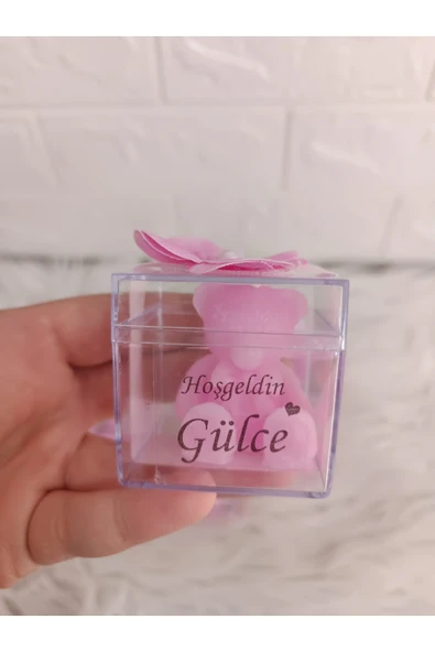 Doğrukan Hediyelik 10 adet pembe ayıcıklı mum mika kutuda çiçek süslemeli yenidoğan doğum günü mevlüt hediyelikleri ürün görseli 1