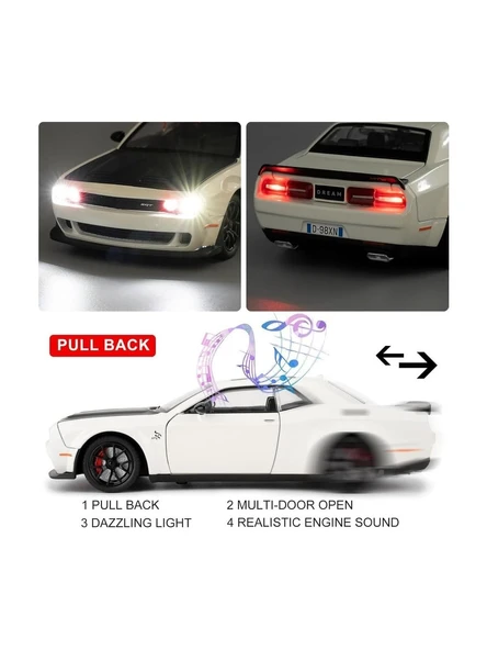 Dodge Challenger Srt Hellcat 1:24 Diecast Metal Araba Koleksiyon Sesli Işıklı Beyaz ürün görseli 1