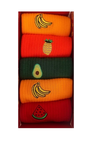 Meyve Işlemeli Çoraplar, Sevimli Çoraplar, Nakışlı Çoraplar, Unisex Çoraplar 5 Çift No:3 Karışık Renk 36 - 40 Beden ürün görseli 1