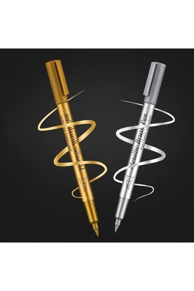 Altın-Gümüş brush metalik marker kaligrafi kalemi, cam kalemi, balon yazı, süsleme, bardak yazı-2 Ad ürün görseli 1