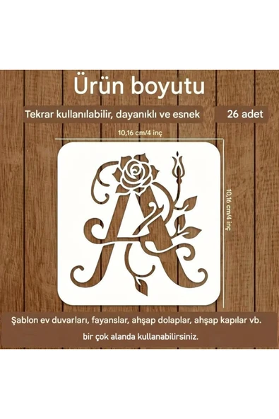 Kaligrafi harf şablonları 26 Parça 10x10cm-Çiçek Harf Şablonu, Boyama sticker ürün görseli 1