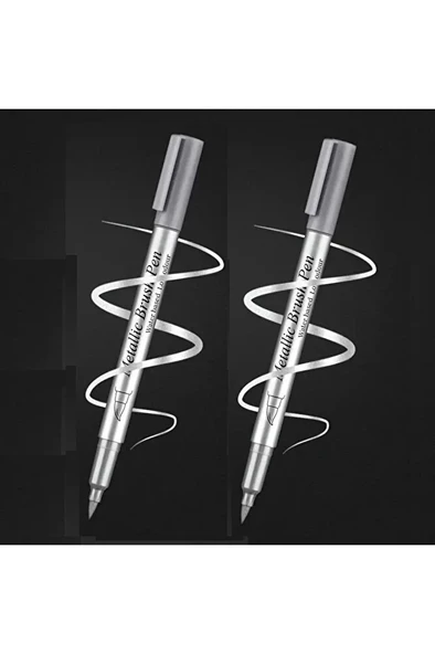 Gümüş metalik brush marker kaligrafi kalemi, cam kalemi, davetiye, süsleme, balon, bardak yazı-2 Ad ürün görseli 1