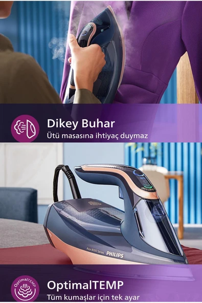 Philips 8000 Serisi Azur Buharlı Ütü, 3000W, 260g Turbo Şok Buhar, 85g/dk Sürekli Buhar, Sıfır Yanık Riski ürün görseli 1
