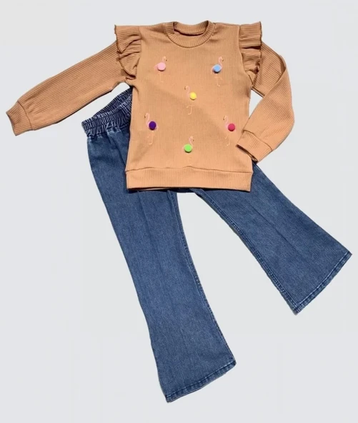 4-5-6 Yaş Kot Pantolonlu Flamingo Desenli Penye Sweat Uzun Kollu 2li Kız Çocuk Takımı Kahverengi ürün görseli 1