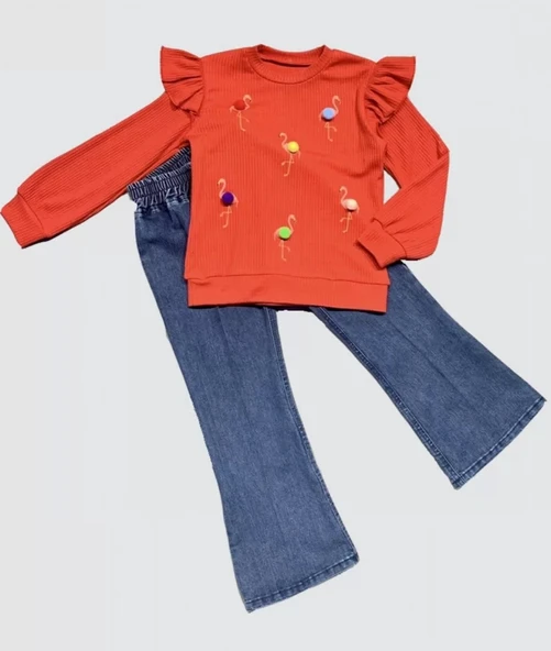 4-5-6 Yaş Kot Pantolonlu Flamingo Desenli Penye Sweat Uzun Kollu 2li Kız Çocuk Takımı Kırmızı ürün görseli 1
