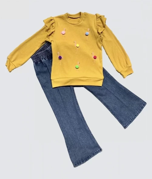 4-5-6 Yaş Kot Pantolonlu Flamingo Desenli Penye Sweat Uzun Kollu 2li Kız Çocuk Takımı Hardal ürün görseli 1