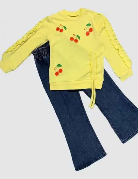 4-5-6 Yaş Kot Pantolonlu Kiraz Desenli Penye Sweat Uzun Kollu 2li Kız Çocuk Takımı Sarı ürün görseli 1