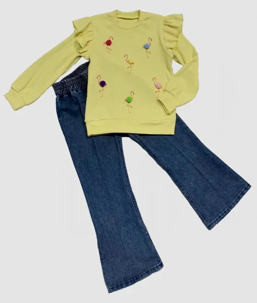 4-5-6 Yaş Kot Pantolonlu Flamingo Desenli Penye Sweat Uzun Kollu 2li Kız Çocuk Takımı Sarı ürün görseli 1