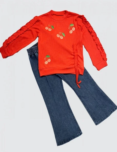 4-5-6 Yaş Kot Pantolonlu Kiraz Desenli Penye Sweat Uzun Kollu 2li Kız Çocuk Takımı Kırmızı ürün görseli 1