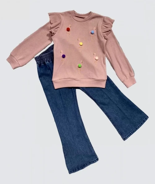4-5-6 Yaş Kot Pantolonlu Flamingo Desenli Penye Sweat Uzun Kollu 2li Kız Çocuk Takımı Gül Kurusu ürün görseli 1