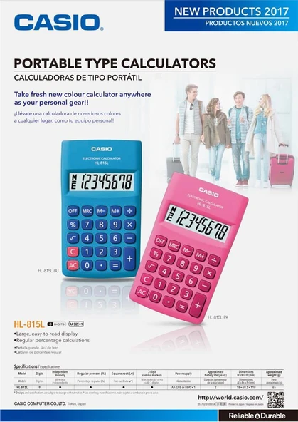 Casio HL-815L-PK 8 Hane Pembe Cep Tipi Hesap Makinesi ürün görseli 1