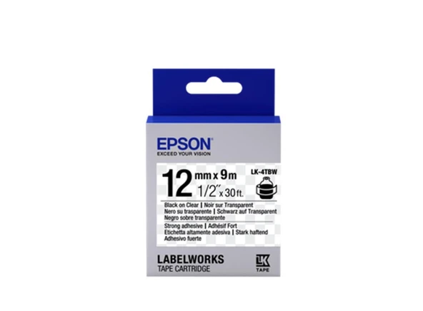 Epson LK-4TBW Güçlü Yapışkanlı Şeffaf Üzeri Siyah 12mm 9Metre Etiket ürün görseli 1