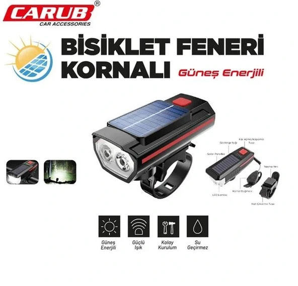 Carub Güneş Enerjili Kornalı Bisiklet Feneri – LED Işıldak ürün görseli 1