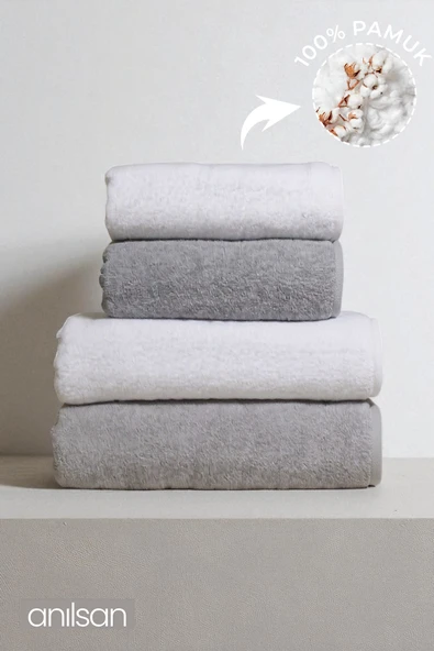 4'lü Gri-Beyaz Havlu Set %100 Pamuk - 2 Adet El Havlusu 50x90 ve 2 Adet Banyo Havlusu 70x140 ürün görseli 1