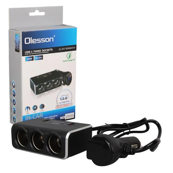 Olesson 1639 12-24V Çift USB Girişli Hızlı Şarj Destekli 120W 80cm Kablolu Dijital Voltaj Ekranlı 3'lü Araç Çakmak Çoklayıcı ürün görseli 1