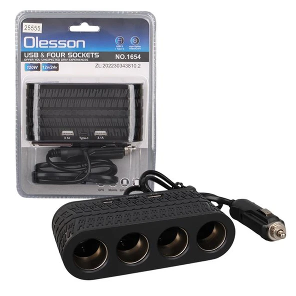 Olesson 1654 12-24V Çift USB - TYPE-C 120W 80cm Kablolu 4'LÜ Araç Çakmak Çoklayıcı ürün görseli 1