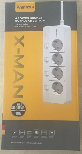 Yamatik X-MAN-104 A-CLASS 4'lü Ayrı Anahtarlı 2 Metre Akım Korumalı Grup Priz 1400 Joule ürün görseli 1