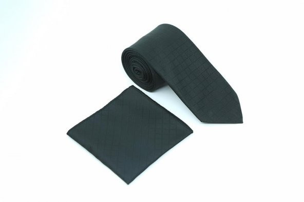 Brianze Siyah Kare Desen Kravat Mendil Set - Resim 3