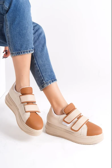 VALENCIA Bağcıksız Cırt Cırtlı Ortopedik Taban Kadın Sneaker Spor Ayakkabı CTT - Ten/Kahve ürün görseli 1