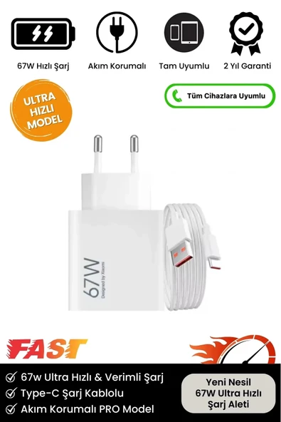 Premium 67W Ultra Hızlı Şarj Seti Adaptör + Type C Kablosu Tüm Telefonlara Uyumlu Şarj Cihazı ürün görseli 1