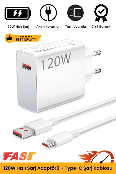 Premium 120W Ultra Hızlı Şarj Seti Adaptör + Type C Kablosu Tüm Telefonlara Uyumlu Şarj Cihazı ürün görseli 1