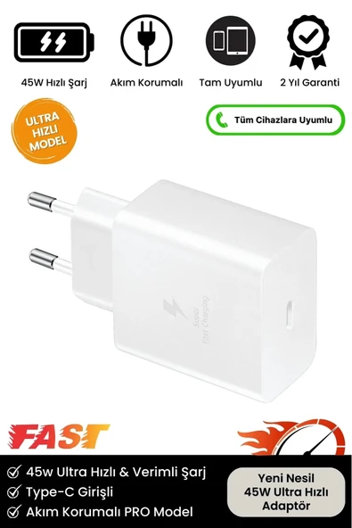 Premium 45W Ultra Hızlı Şarj Seti Adaptör + Type C Kablosu Tüm Telefonlara Uyumlu Şarj Cihazı ürün görseli 1