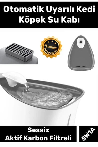 Premium 5W1A Adaptörlü Otomatik Uyarılı Aktif Karbon Filtreli Sessiz Uyarılı Kedi Köpek Su Kabı ürün görseli 1